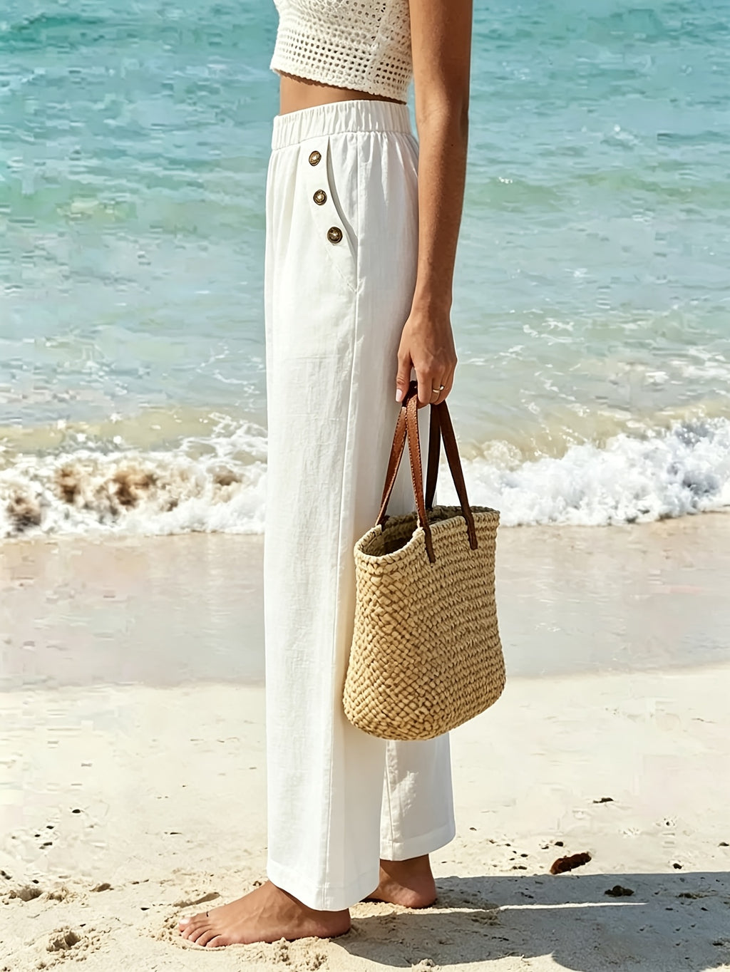 New Beautiful Women'S Elegant Solid Color Long Pants, with Elastic Waist And Pockets, Suitable for Commuting, Vacation, Street Fashion, Casual Afternoon Tea, And Daily Wear, Fashionable And Elegant Style - White