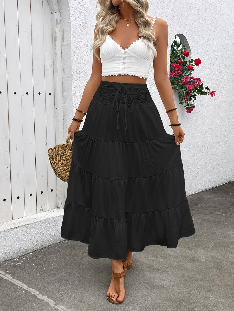 Women's elastic high-waisted ruffle A-line long skirt with drawstring design in Bohemian style. - Black