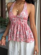 Women's Summer Vacation Casual Mesh Paisley Print Tie-Back Halter Neck Bow Vest - Mixed colors