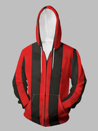 Men'S Autumn Winter Zipper Hooded Sweatshirt Red Black Pinstripe Textured Background Print Casual All-Match Top - Mixed colors