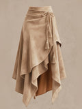 Vintage Western Style Irregular Midi Skirt with Tie-Waist and Tassel Decoration--ZLLZ - Camel