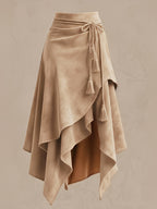 Vintage Western Style Irregular Midi Skirt with Tie-Waist and Tassel Decoration--ZLLZ - Camel