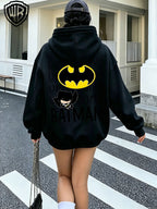 Everyday Casual Zip-Up Hooded Cardigan Jacket, Officially Licensed Warner Bros. DC Batman with Classic Bat Logo, Paired with Vintage "BOOM" Onomatopoeic Fun Lettering Font, Featuring Multiple Dark Hero-Style Prints on the Garment, a Simple and Cool - Black