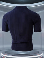 Men'S Short-Sleeved Knitted Shirt, Short-Sleeved Sweater with a Small Stand-Up Collar, T-Shirt Sweater That Can Be Worn in Spring, Autumn And Winter, Half-High Collar Short-Sleeved Knitted Sweater, Thick, Warm, Solid Color Base - Navy Color