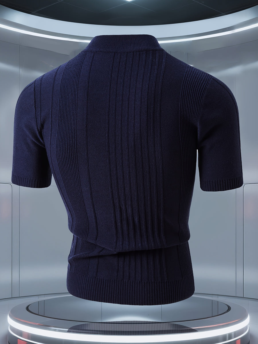 Men'S Short-Sleeved Knitted Shirt, Short-Sleeved Sweater with a Small Stand-Up Collar, T-Shirt Sweater That Can Be Worn in Spring, Autumn And Winter, Half-High Collar Short-Sleeved Knitted Sweater, Thick, Warm, Solid Color Base - Navy Color
