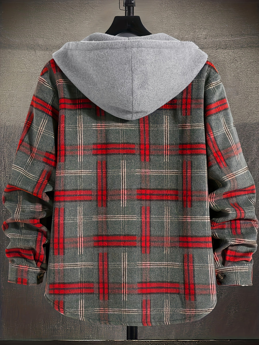 Christmas Men'S Gift Men'S Casual Plaid Hooded Contrast Color Patchwork Harajuku Style Fake Two-Piece Long Sleeve Jacket - Red