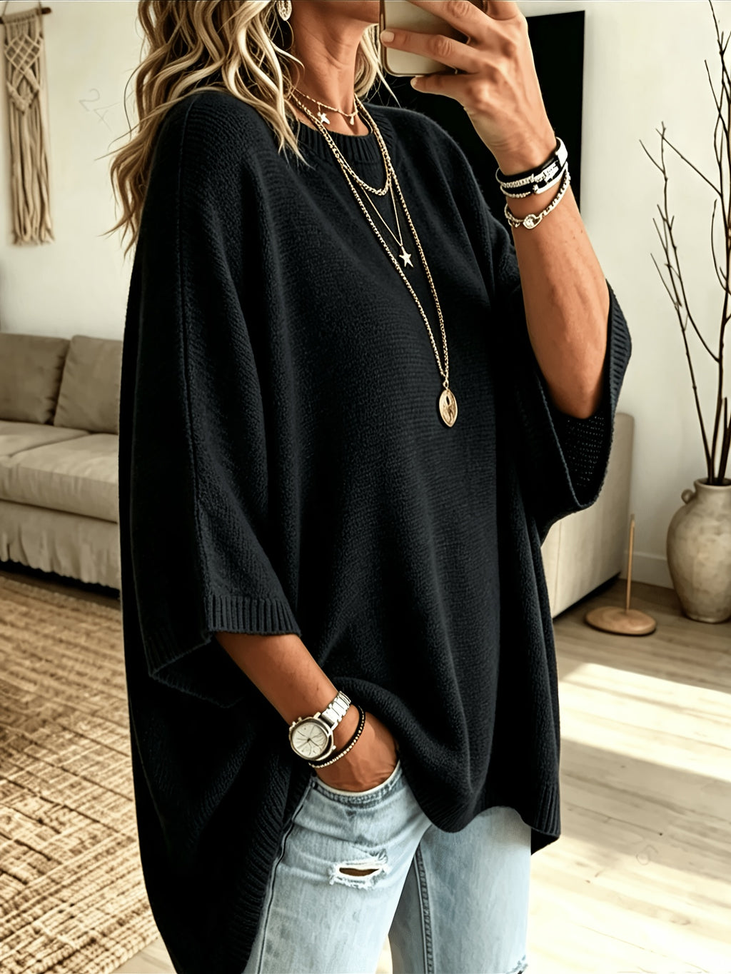 Plus Size, Women's Spring/Autumn Elegant Casual Cute Sexy Middle Eastern Style Spring/Autumn/Winter Solid Color Round Neck Batwing Sleeve Split Hem Irregular Loose Soft Warm Shawl Cape Pullover Sweater Top - Black