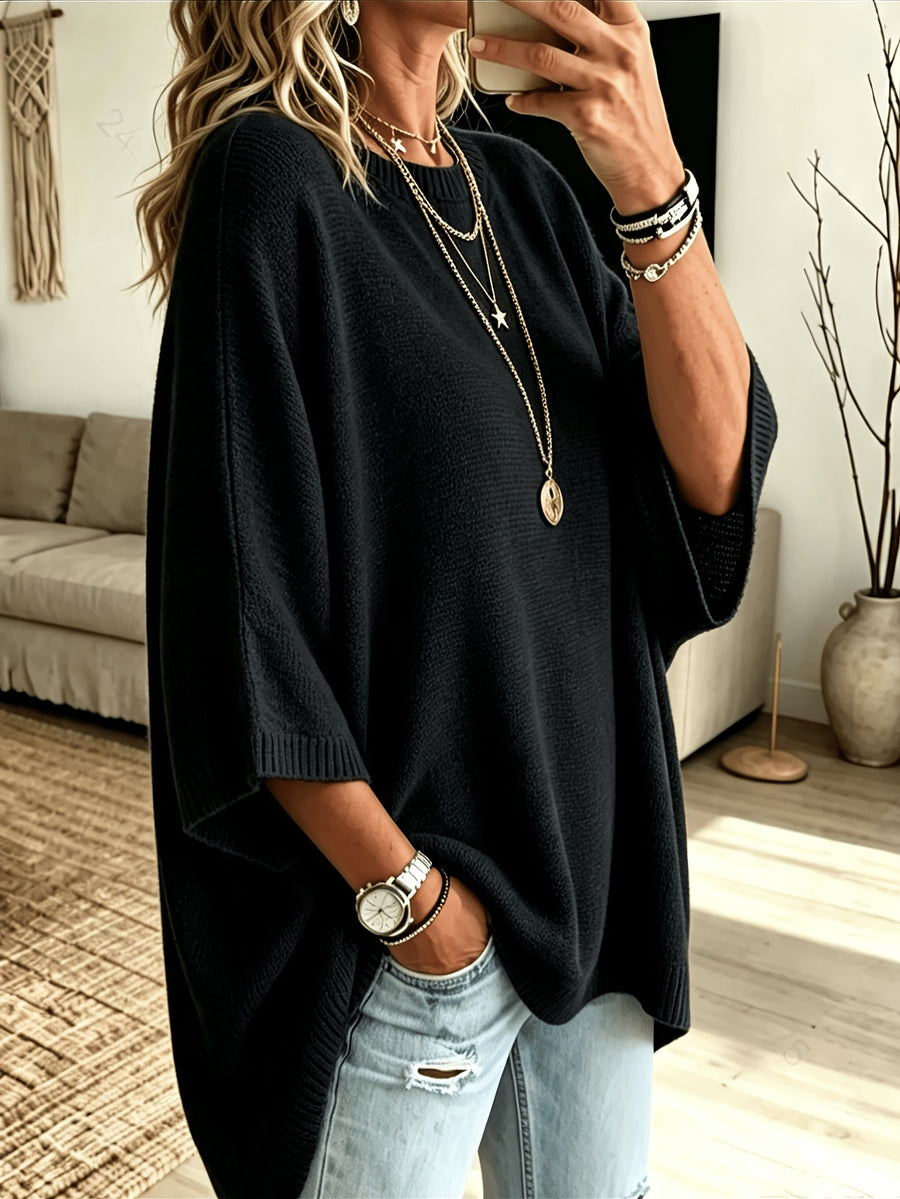 Plus Size, Women's Spring/Autumn Elegant Casual Cute Sexy Middle Eastern Style Spring/Autumn/Winter Solid Color Round Neck Batwing Sleeve Split Hem Irregular Loose Soft Warm Shawl Cape Pullover Sweater Top - Black