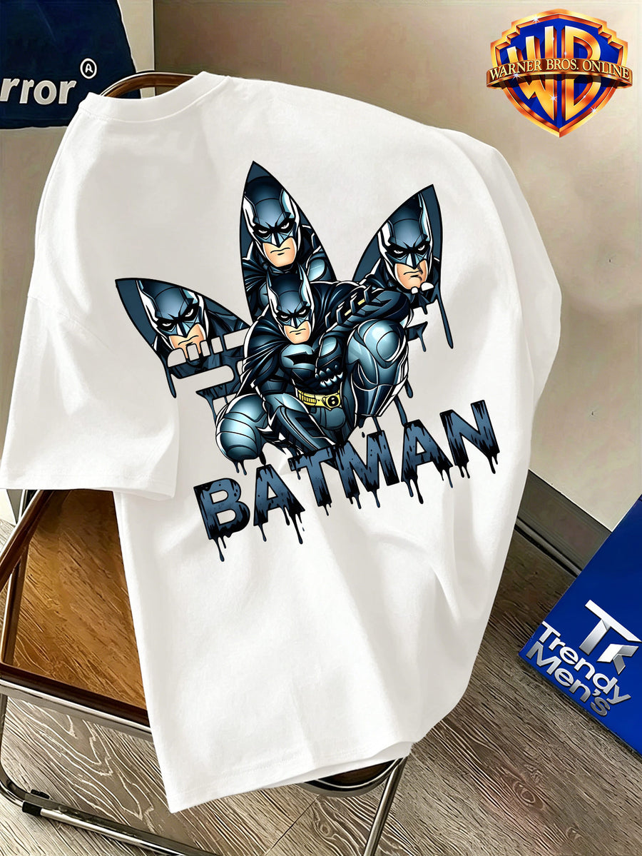 Warner Bros. Authentic Unisex 100% Short-Sleeve T-Shirt, American Street Party Illustration Short Sleeve, Hero-Themed Double Print, Exquisite Chest Graphic with Multi-Character Combination on the Back, Graffiti Drip Ink Lettering Details, Cool-Toned - White