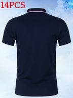 14pcs Classic Solid Color Men'S Polo Shirts, Breathable Lapel High Quality Shirts Casual Fashion Sport - Navy Color