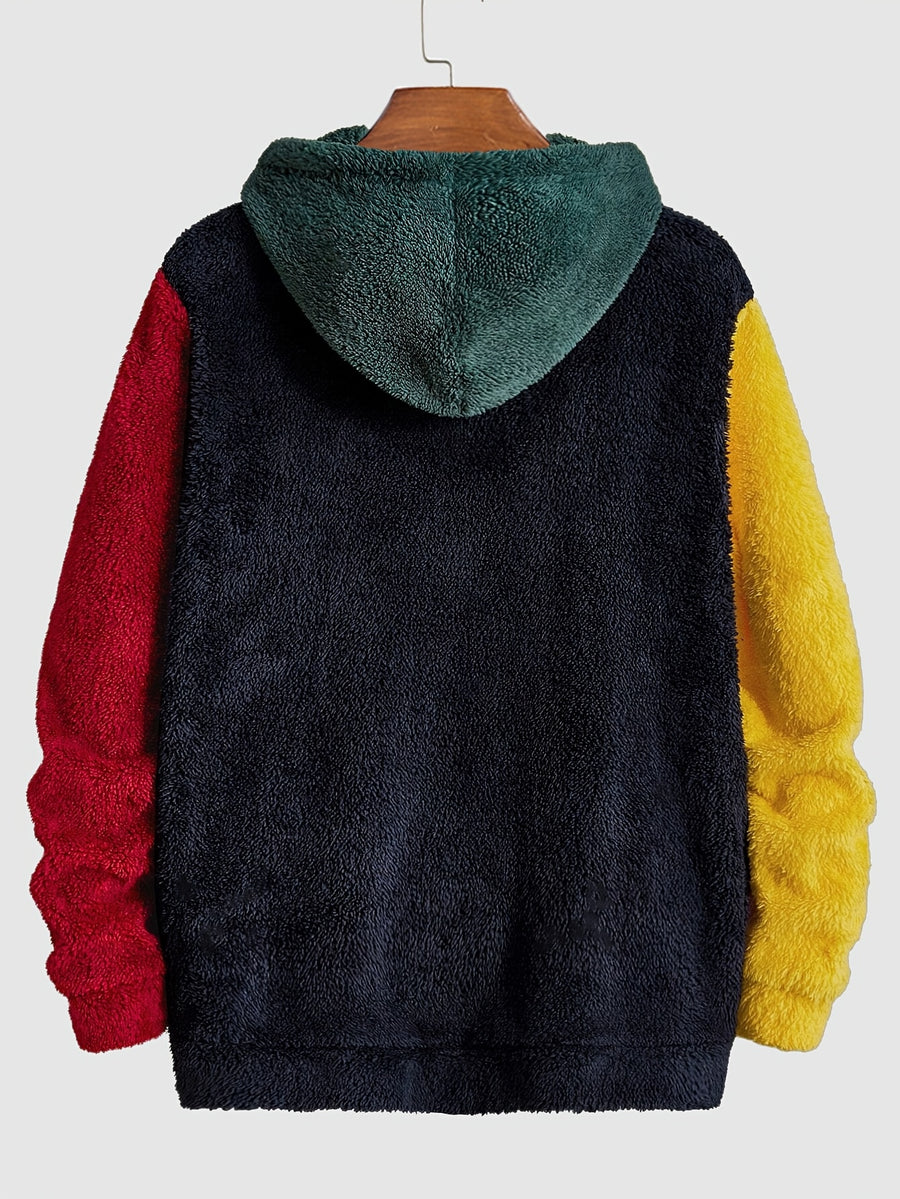 Men's Multicolor Plush Hoodie with Contrast Embroidery, Warm for Autumn/Winter, Long Sleeve, Machine Washable - Army Green