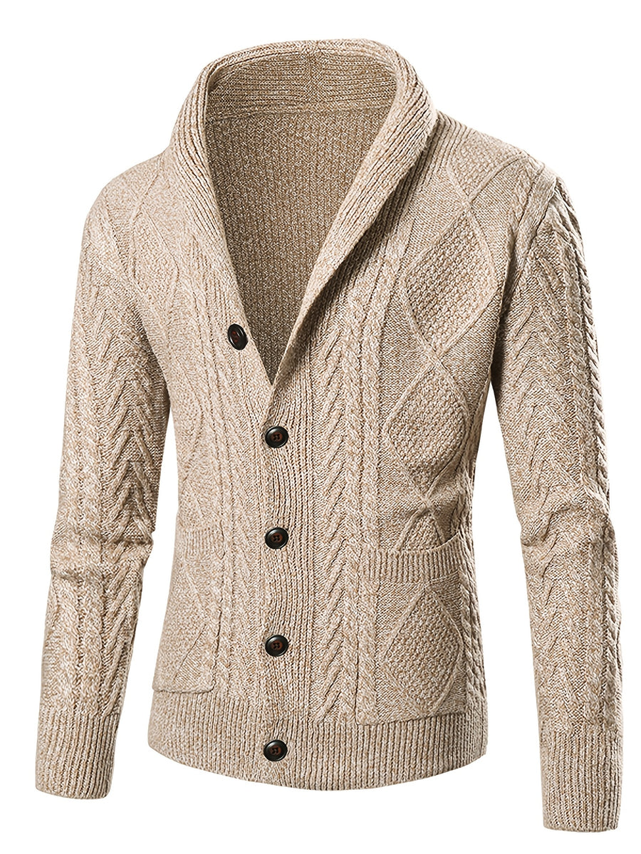 Men'S New Autumn Winter Solid Color Single-Breasted Twisted Flower V-Neck Cardigan, Fashionable, Casual, Versatile, Skin-Friendly, Comfortable, Smooth, Trendy, Slim Fit, Long Sleeved, Warm, Durable, Sporty And Energetic Knitted Jacket - Khaki