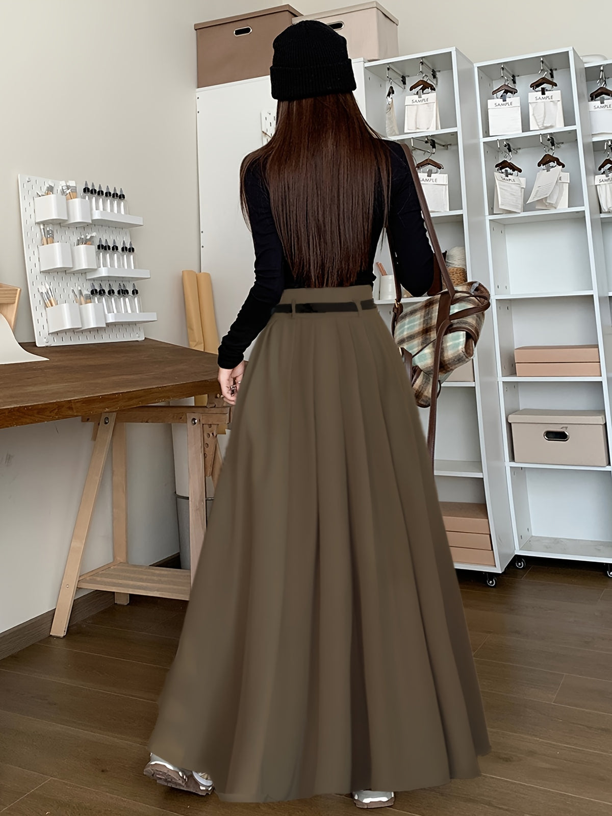 Fashionable, Elegant, and Graceful Pleated Midi/maxi Skirt for Workplace, Daily Wear, Commuting, and Office Use. Simple, Form-fitting Design Suitable for Spring and Autumn - Army Green