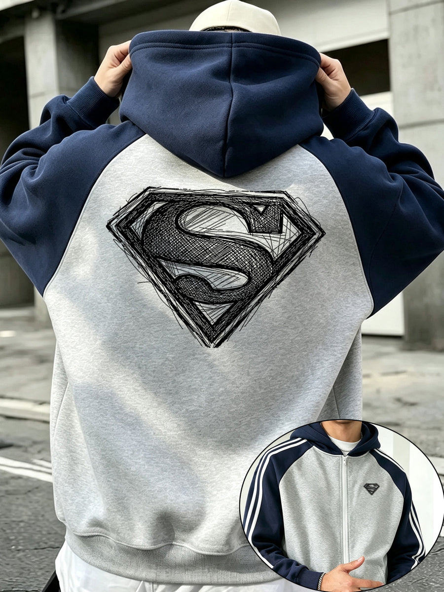 Men's New Autumn/Winter Streetwear Style Superman Classic S-Logo Hooded Sweatshirt Jacket Top with Hand-Drawn Graffiti Style Shield Badge Print, Blue-Gray Striped Sleeve Design, Loose Fit, Men's Apparel - Light Twist Gray