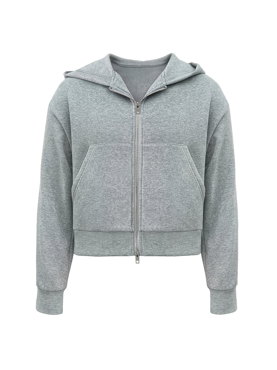 Men'S Casual Easy Solid Color Drop Shoulder Loose Zip-Up Hooded Sweatshirt, Versatile for Spring/Autumn - Light Grey