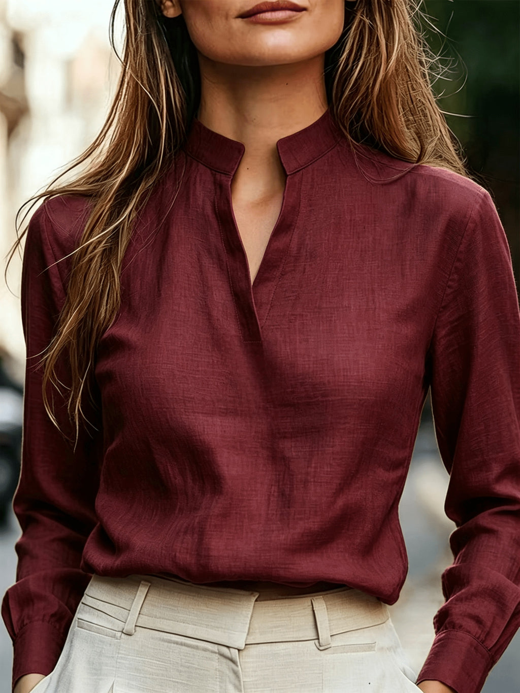 Long Sleeve Shirt for Women, Commute Blouse with Stand Collar - Burgundy