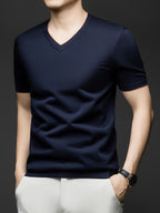 Men'S Casual Sportswear Sweater, Knitwear Summer New Men'S Casual V-Neck Pullover Short-Sleeved T-Shirt Middle-Aged Solid Color Knit T-Shirt Half-Sleeve Top - Navy Color