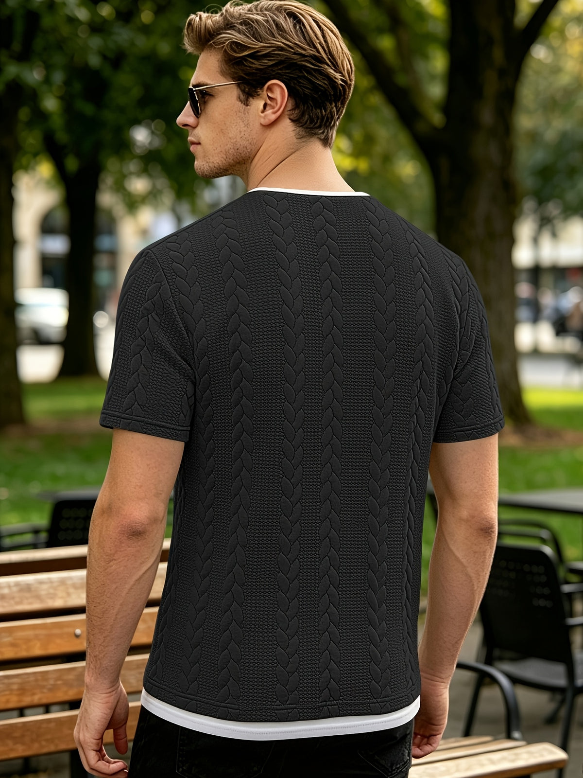 Summer Vintage Vertical Stripe Twisted Cable Embossed Men's Short Sleeve Double-Layer 2-in-1 Look Layered Design Henley Collar T-Shirt, Breathable Textured Versatile Top for Daily Commuting - Black
