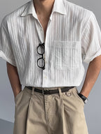 Men's Hollow Out Striped Short Sleeve Shirt, Cuban Collar, Casual Summer Beach Blouse, KhakiMen's Casual Cuban Collar Shirt, Hollow Out Stripe Texture, Short Sleeve, Loose Fit, Summer Daily TopSummer Men's Khaki Striped Shirt, Cuban Collar - White