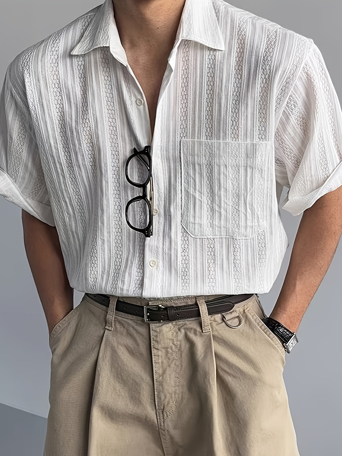Men's Hollow Out Striped Short Sleeve Shirt, Cuban Collar, Casual Summer Beach Blouse, KhakiMen's Casual Cuban Collar Shirt, Hollow Out Stripe Texture, Short Sleeve, Loose Fit, Summer Daily TopSummer Men's Khaki Striped Shirt, Cuban Collar - White