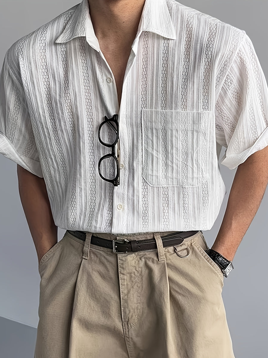 Men's Hollow Out Striped Short Sleeve Shirt, Cuban Collar, Casual Summer Beach Blouse, KhakiMen's Casual Cuban Collar Shirt, Hollow Out Stripe Texture, Short Sleeve, Loose Fit, Summer Daily TopSummer Men's Khaki Striped Shirt, Cuban Collar - White
