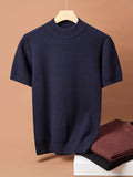 Tehan Men's Semi-High Neck Short Sleeve Knit Sweater, Thick Warm Half-Sleeve Knit Sweater for Spring, Autumn, and Winter, Can Be Worn Alone or as a Base Layer, Soft High-Quality Fabric for Skin-Friendly Wear, Heavy Craftsmanship with 3D Embossed - Navy Color