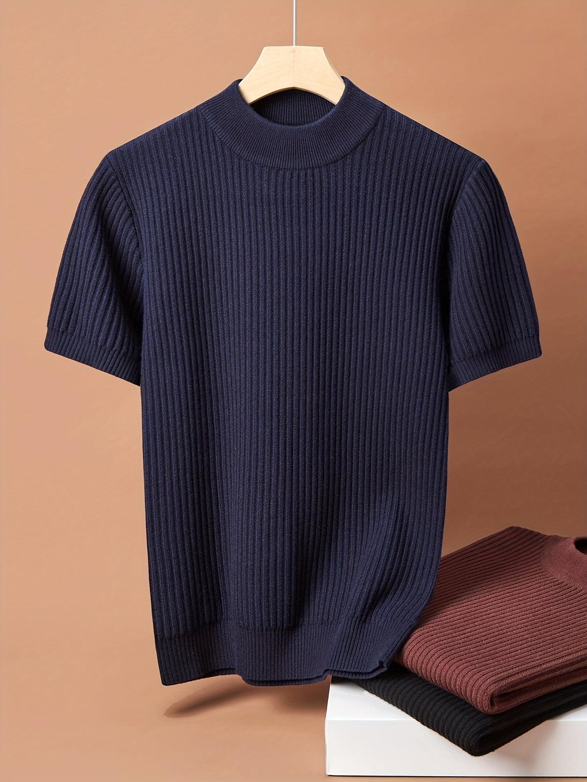 Tehan Men's Semi-High Neck Short Sleeve Knit Sweater, Thick Warm Half-Sleeve Knit Sweater for Spring, Autumn, and Winter, Can Be Worn Alone or as a Base Layer, Soft High-Quality Fabric for Skin-Friendly Wear, Heavy Craftsmanship with 3D Embossed - Navy Color