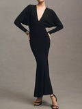 Women's Elegant Deep V-Neck Bodycon Evening Dress Suitable for Weddings, Galas & Proms - Stretch Formal Dress, Machine Washable Solid Color Gala Wedding Gown - Black