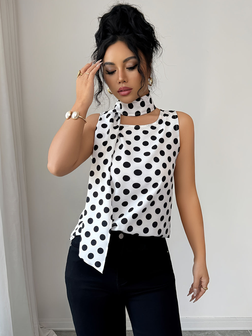 Women's Fashion French-Style Lace-Up Sleeveless Shirt, Casual Color-Block Polka Dot Top - White