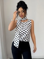 Women's Fashion French-Style Lace-Up Sleeveless Shirt, Casual Color-Block Polka Dot Top - White