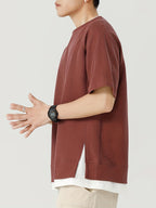 Summer Casual Men's Raglan Sleeve Short Sleeve T-Shirt, Simple Color-Block 2-in-1 Look, Solid Color Top, Trendy Youth Tee - Burgundy