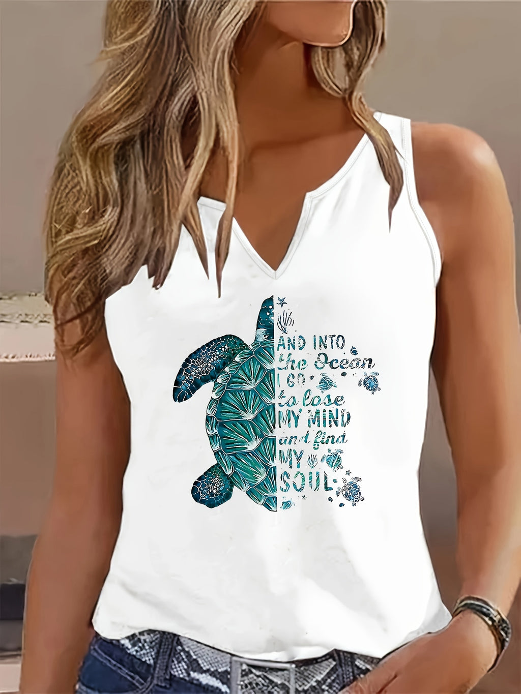 Sleeveless V-Neck Casual Tank Top with Letter Print, Perfect for Summer And Spring, Women'S Apparel - White
