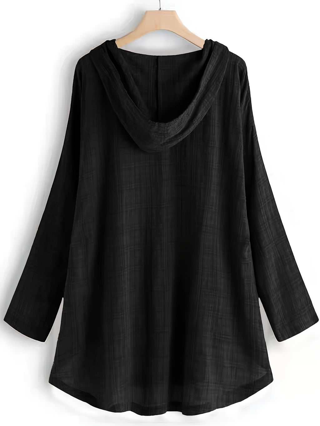 Casual Long-Sleeve Hooded Shirt, Asymmetrical Top, Stylish Plaid Blouse, Autumn Waist-Tied Outerwear for Women, Elegant Long-Sleeve Drawstring Shirt - Black