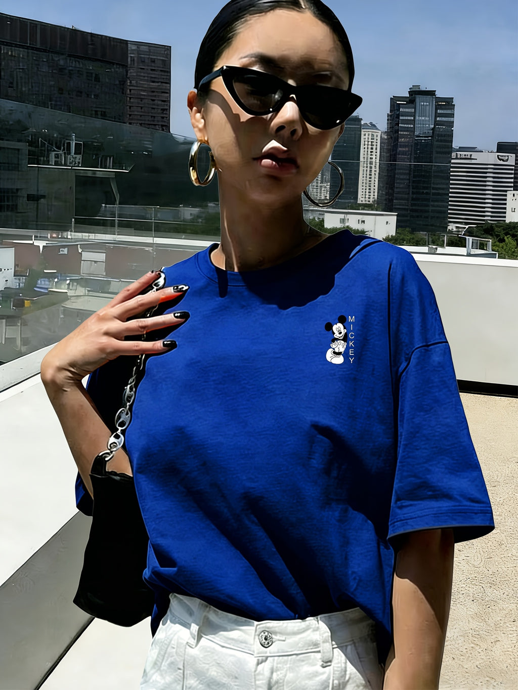 Hot Spring Summer Women'S Casual T-Shirt, Women'S Fashion Clothing, Authorized, Mickey Classic Black And White Image Joyful Pose Side Smile Print, Women'S Fashion Versatile Short Sleeve, Women'S Short Sleeve Top, Daily Outing, Fashion Versatile - Blue
