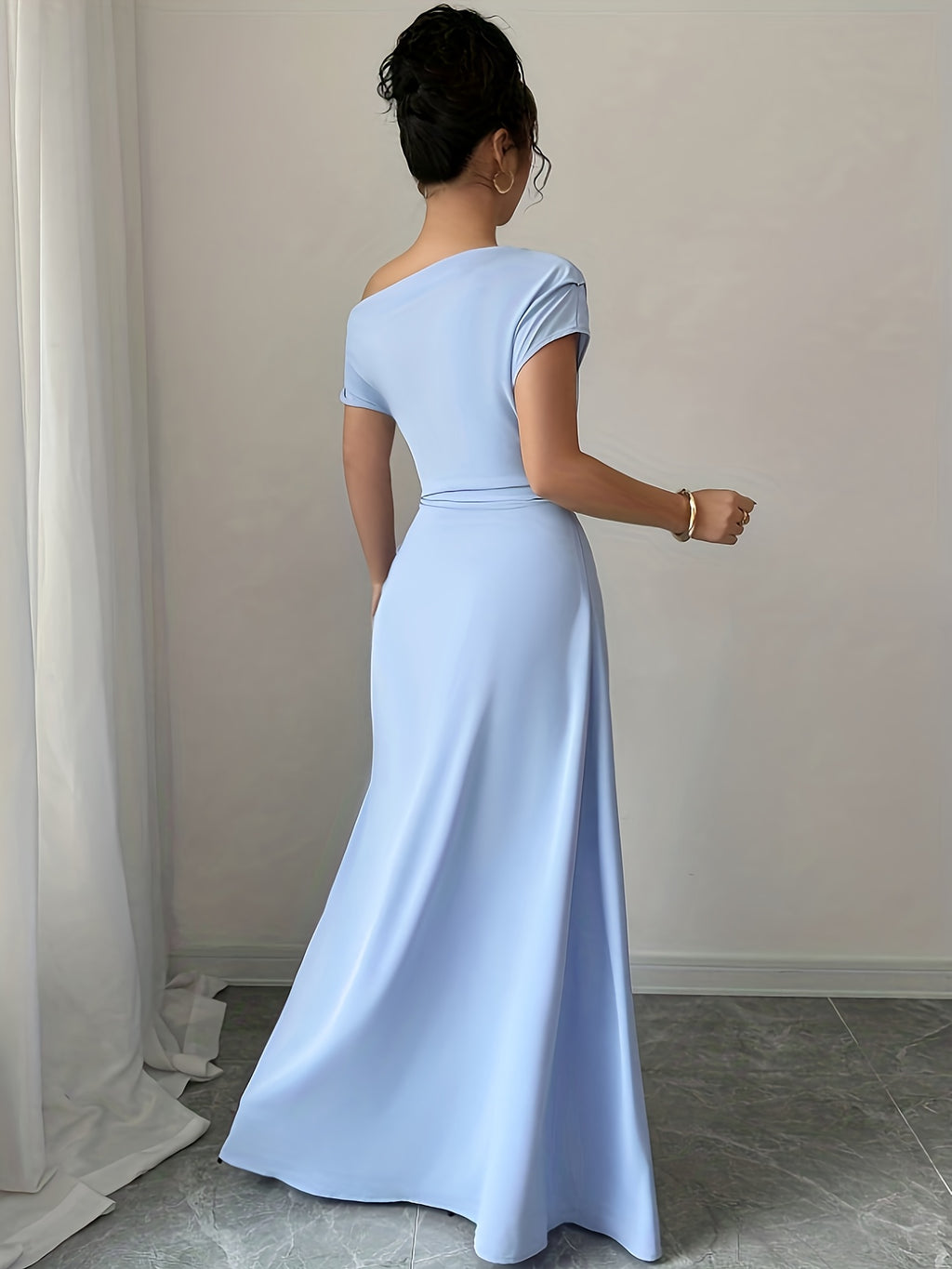 Off-Shoulder And Ruched Waist Elegant Off-Shoulder Fashion Date Commute Evening Dress Ultra-Long Bridesmaid Gown - Blue