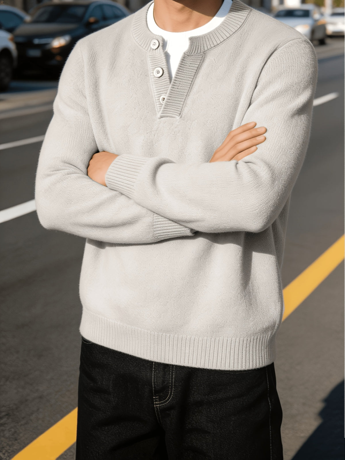 Men'S Thickened Button-Up Knit Sweater Off-Shoulder Sleeve Solid Color Pullover Top, Light Mature Casual Style, Winter Daily Commute Inner Outerwear Sweater - Apricot