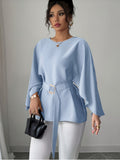 Women'S Round Neck Long Sleeve Wide Waist Tie-Up Elegant Noble Versatile Top Trendy - Light Blue