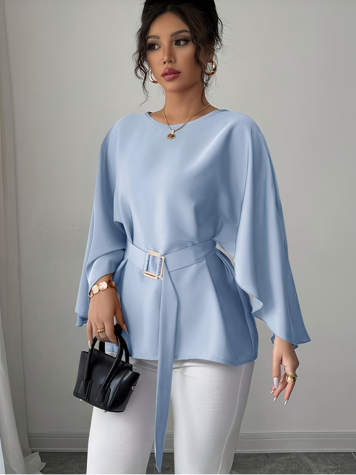 Women'S Round Neck Long Sleeve Wide Waist Tie-Up Elegant Noble Versatile Top Trendy - Light Blue