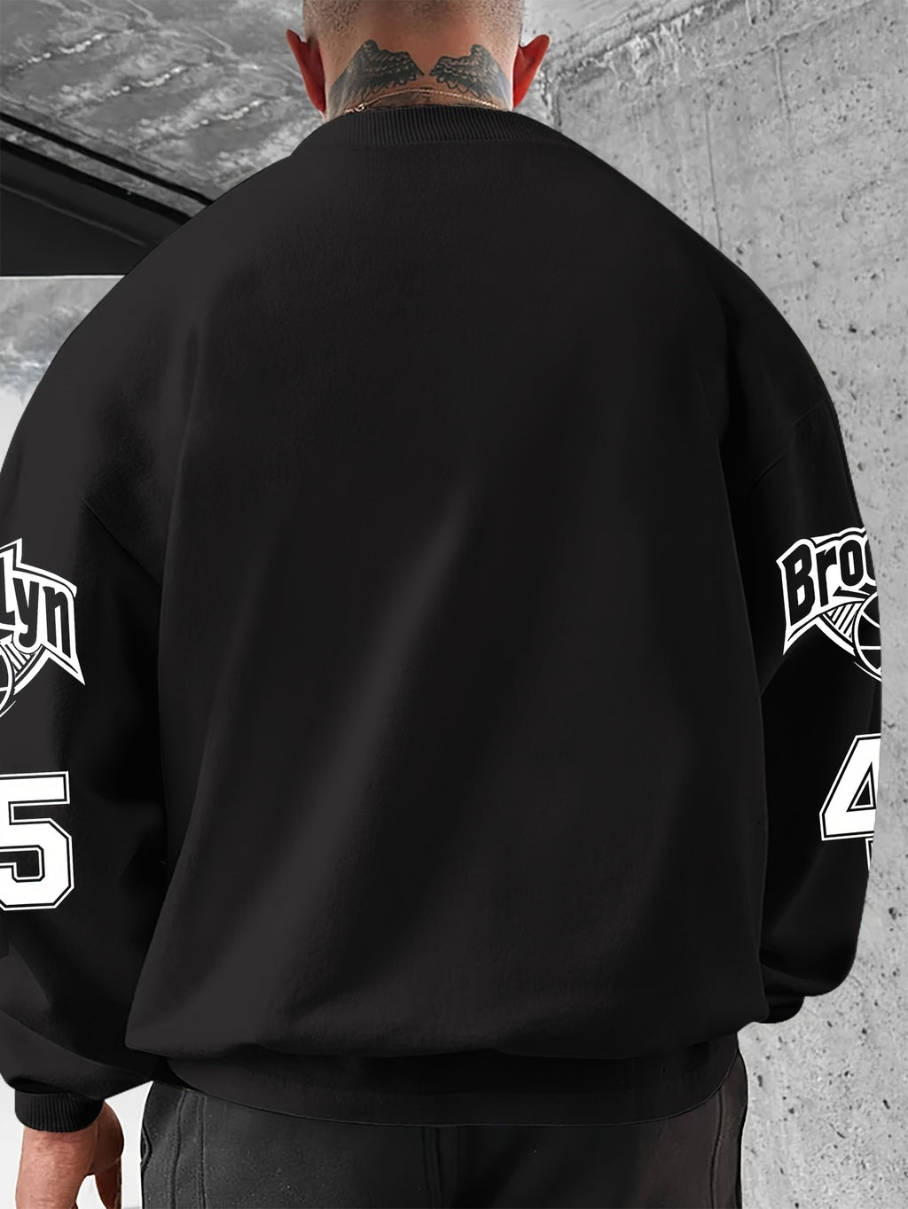 Men'S Fashion Casual "Brooklyn Victory" Letter Print Sweatshirt, Polyester Fabric, Loose Fit, Versatile Men'S Sweatshirt - Ink Black