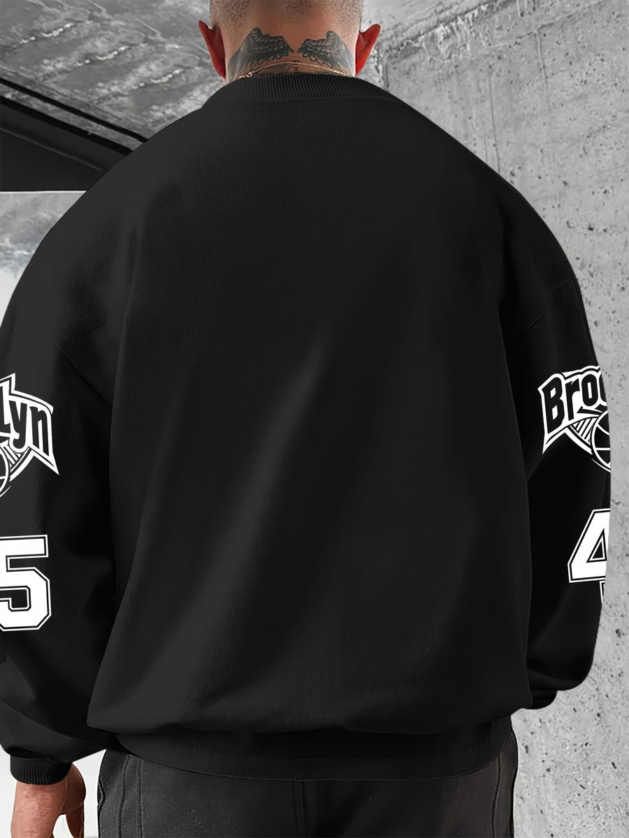 Men'S Fashion Casual "Brooklyn Victory" Letter Print Sweatshirt, Polyester Fabric, Loose Fit, Versatile Men'S Sweatshirt - Ink Black