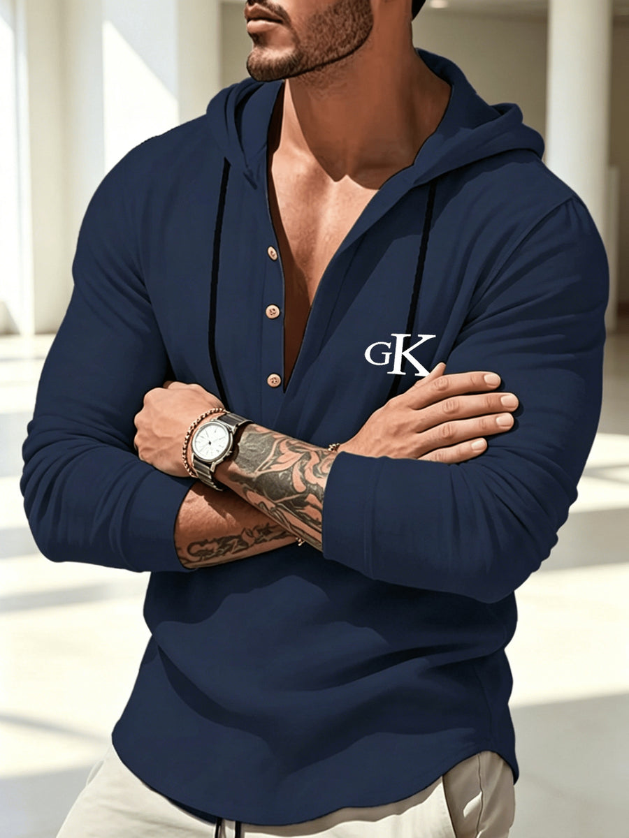 Spring/Autumn Men's Solid Color Half-Zip Hooded Long-Sleeve Single-pc Top, Simple and Comfortable Letter Print Shirt, Streetwear for Outings, Visiting, and Casual Wear - Navy Color