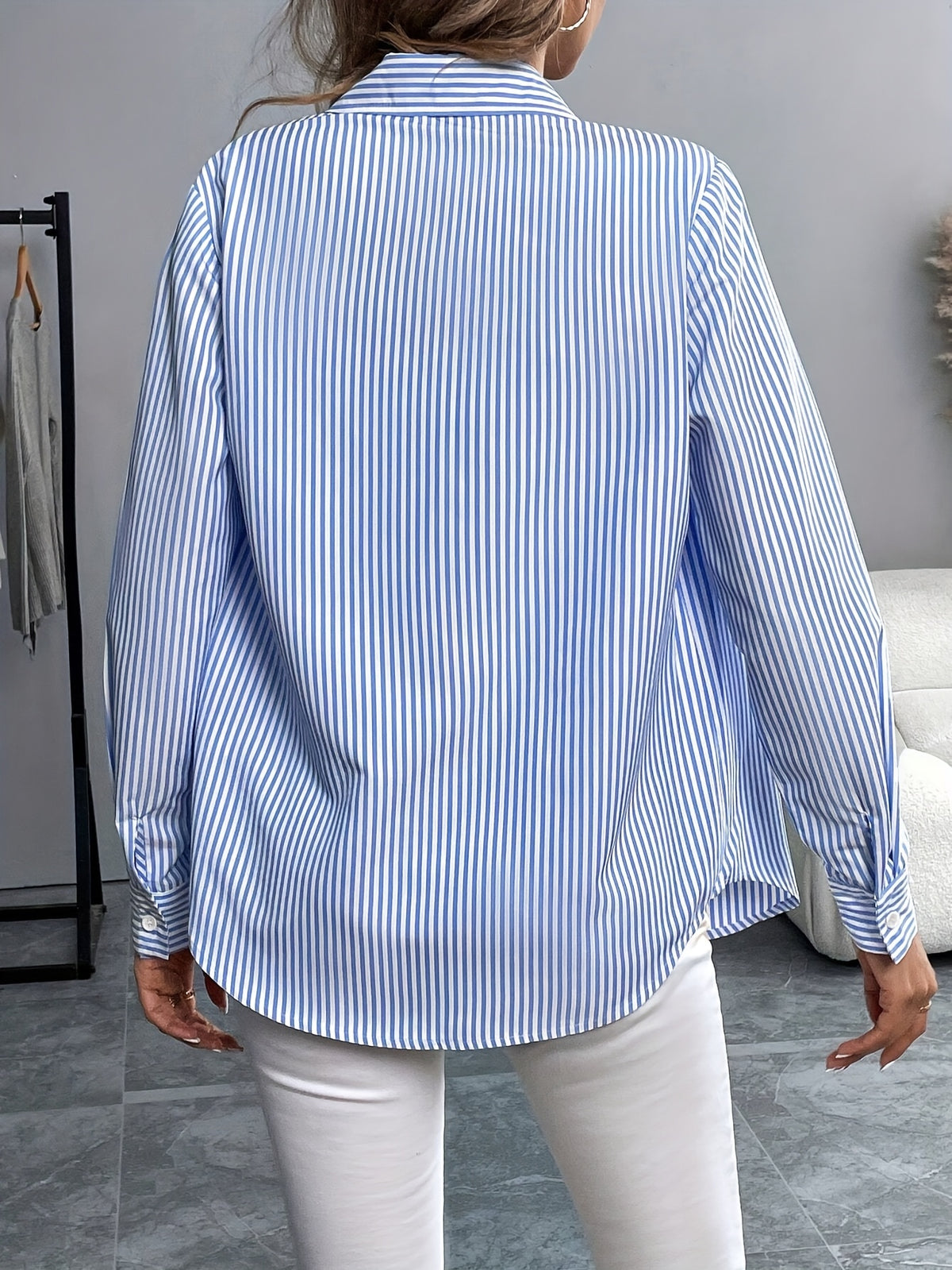 Fashion Casual Embroidered Striped Lapel Long Sleeve Button-Up Shirt Women'S - Blue And White Stripes