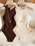 New 26-Year Style Women's Bodysuit Top, 2pcs, Sleeveless Tank Top Design, Ribbed Fabric, Base Layer, Elegant Temperament, Y2K Style - Apricot + Coffee