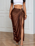 2026 Summer Sexy Slit Long Dress Solid Color High Waist Twist Hollow Design Draped Versatile Midi Skirt - Coffee Brown