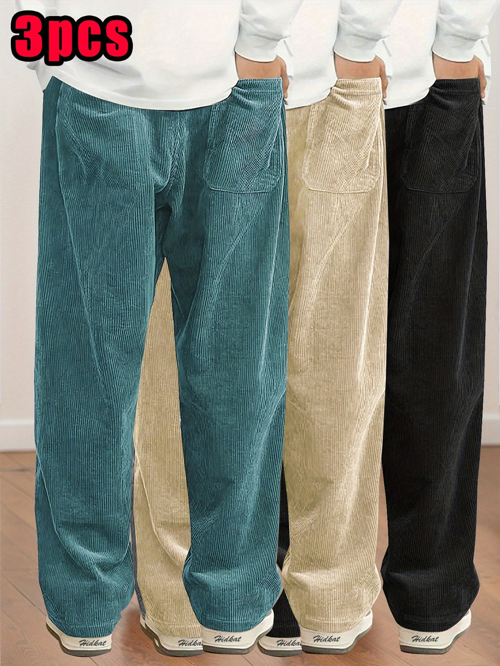 3pcs Women's Straight-Leg Corduroy Casual Pants, Thin Spring/Autumn Fashion Drawstring Waist Trousers for Daily Wear and Dating - Blue+Khaki+Black