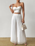 Women'S High-Waisted Pleated Wide-Leg Pants, White And Black. Elastic Waist, Flowy Fit. Perfect for Casual Outings, Evening Events, Or Beach Vacations. Pair with Crop Tops for a Chic Look - White