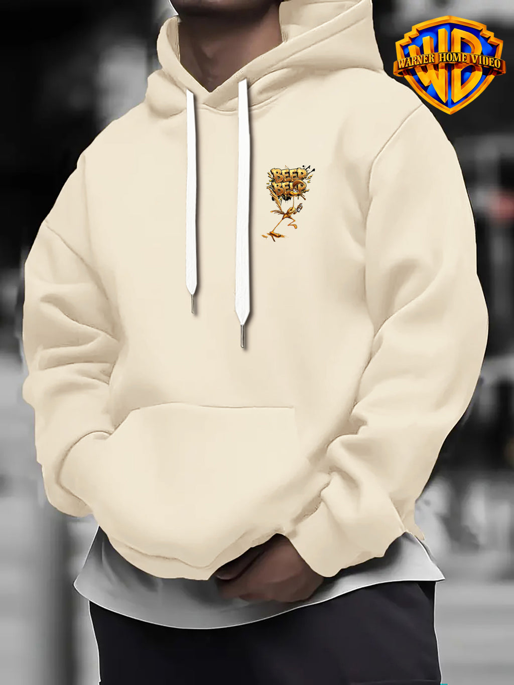 [Warner Bros. Official License] Retro Hip-Hop Golden BEEP Letter Spray Beep Bird Unisex Print Hoodie for - Men'S Fashion Sweatshirt with Double-Sided Print, Adjustable Drawstring Loose Comfortable Hoodie, Suitable for Daily And Outdoor Wear - Apricot