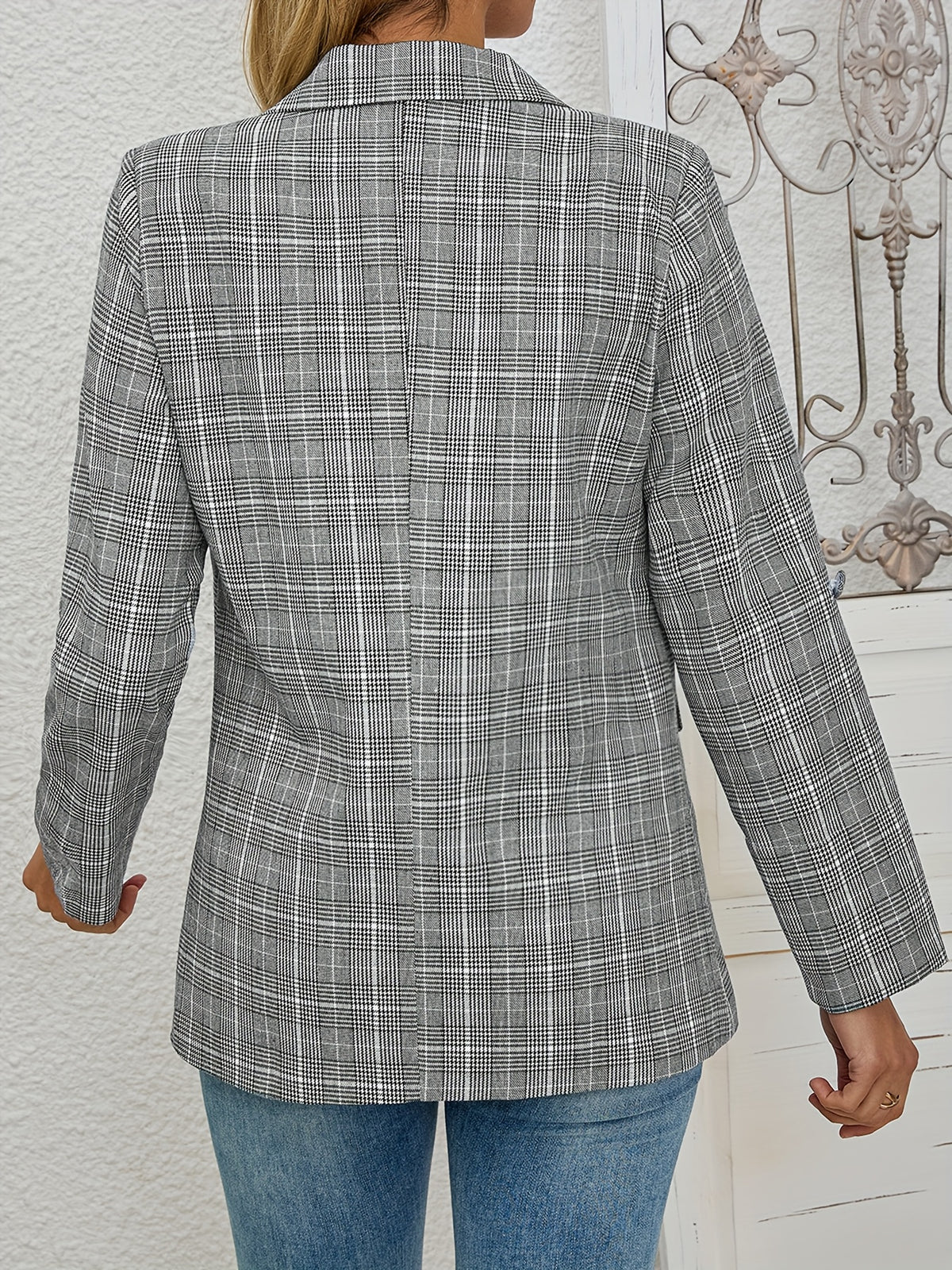 1pc Elegant Women'S Plaid Blazer - Polyester H-Fit Long Sleeve Jacket with Pockets, Single Button Front, Woven Weave for Fall Season - White