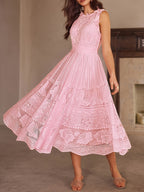 Wedding Guest Dress Women'S New Temperament Elegant Sleeveless Lace Floral Pattern A-Line Skirt Long Dress - Pink