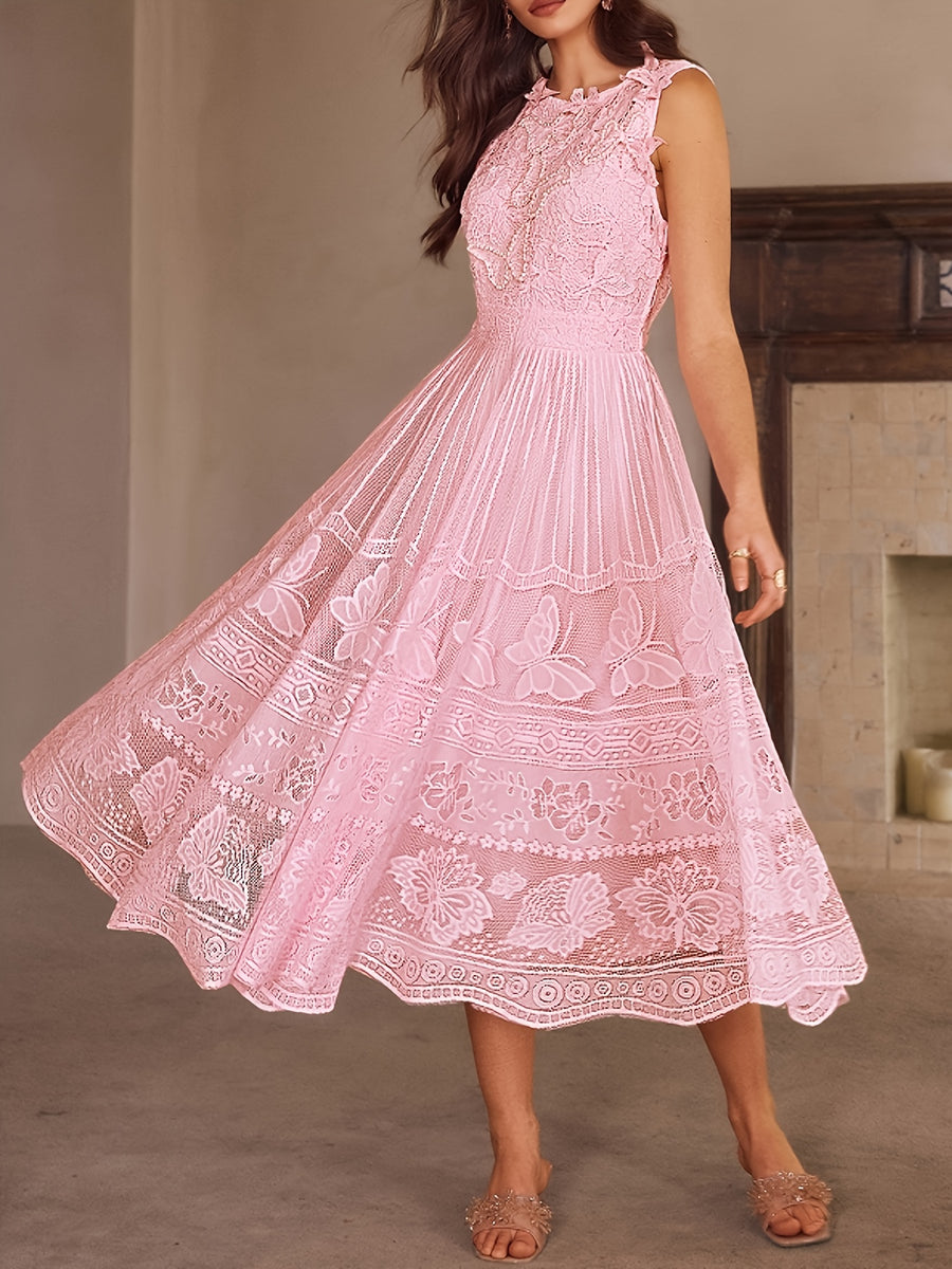 Wedding Guest Dress Women'S New Temperament Elegant Sleeveless Lace Floral Pattern A-Line Skirt Long Dress - Pink
